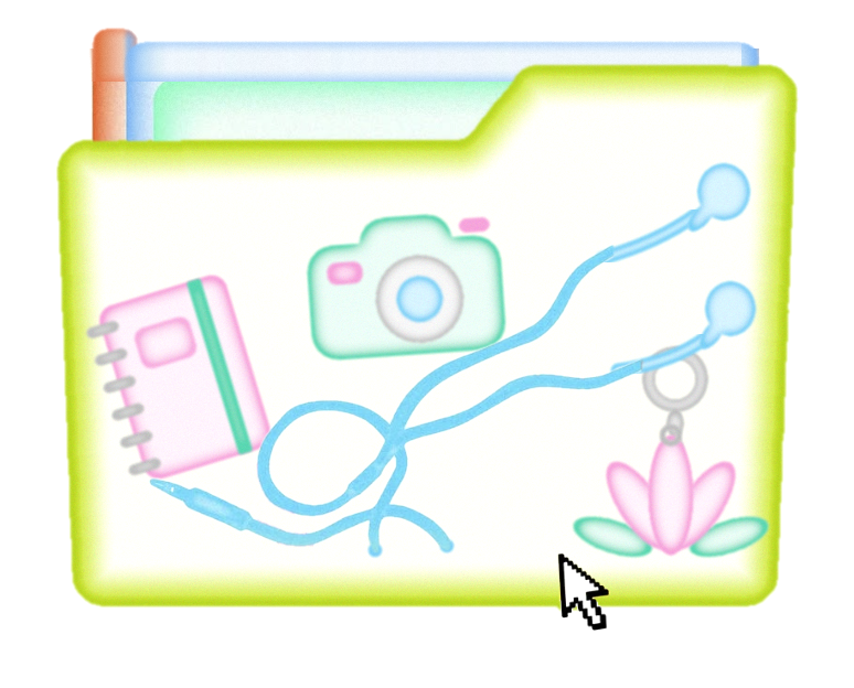 A floating folder holding a notebook, camera, earphones and a lotus keychain